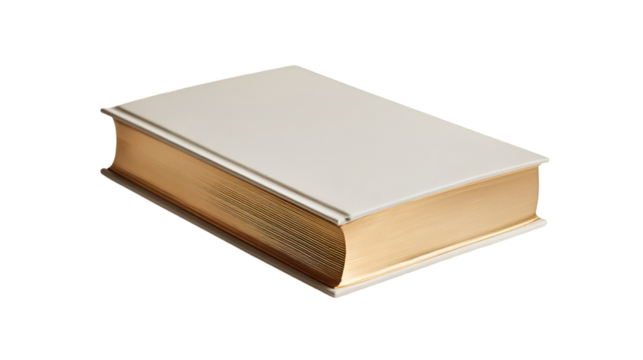 A closed book with a white cover and golden edges resting on a black background in a studio shot