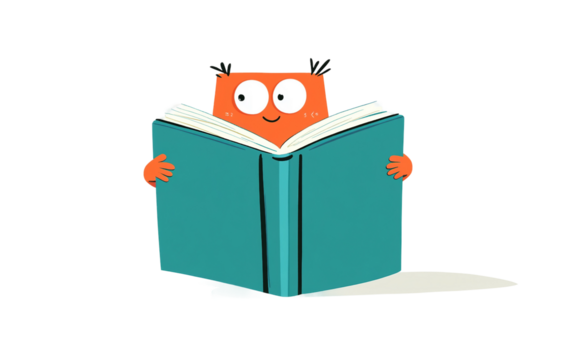 Cartoon book character with arms and eyes amusingly reading itself in a fun animated concept isolated on transparent background PNG