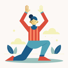 Person kneeling with hands raised in a peaceful pose in a colorful design