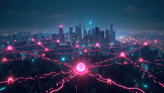 Futuristic smart city cityscape at night, illuminated by glowing digital network connections. Abstract graphic design concept of cyberspace, data flow, and urban technology.