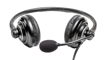 A close up shot of black headphones with a microphone on a black background in a studio setting