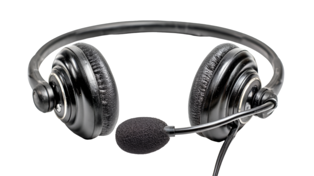 A close up shot of black headphones with a microphone on a black background in a studio setting