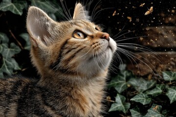 Nature's impact on kitten highlighted in double exposure. Neutering appeal. Cats in crisis: urgent neutering appeal following ivy entanglement. Garden discovery. Futuristic care.