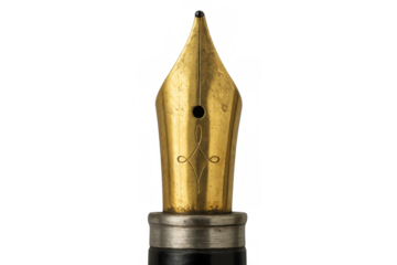 Close-up of golden fountain pen nib showing intricate details, isolated on transparent background