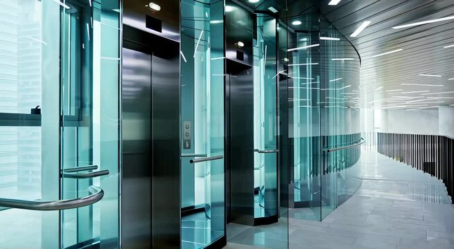Modern office building interior featuring glass elevators and sleek architectural design elements