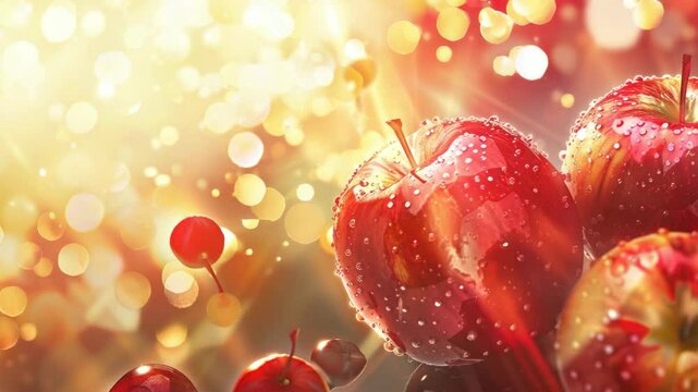 A bunch of apples with a few cherries in the background. The apples are wet and shiny