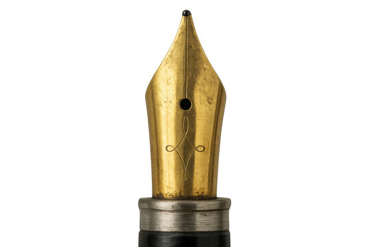 Close-up of golden fountain pen nib showing intricate details, isolated on transparent background