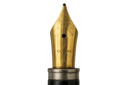 Close-up of golden fountain pen nib showing intricate details, isolated on transparent background