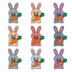 Fototapeta premium Collection of nine cute cartoon rabbits holding carrots in various colors