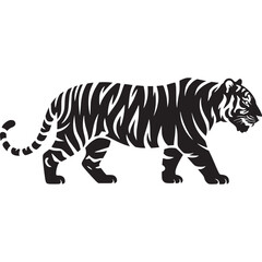 Black silhouette of a tiger walking on a light gray background in a minimalist vector style art on transparent background