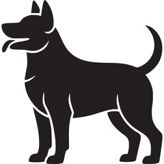 A black silhouette of a dog standing with its tongue out and tail curled on a light gray background on transparent background