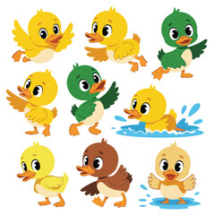 Obraz premium Collection of cute cartoon ducklings in various poses and colors