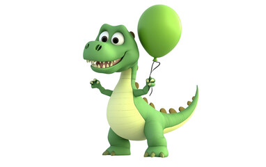 Naklejka premium Cartoon dinosaur holding a pastel-colored balloon with a gentle smile in a cute and playful scene isolated on transparent background PNG