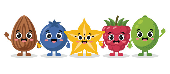 Obraz premium Cute cartoon almond blueberry starfruit raspberry and lime characters standing together