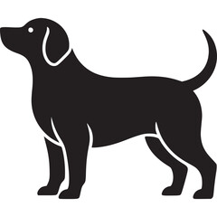A black silhouette of a dog standing with its tail curled and looking to the left on a light background on transparent background