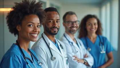 Fototapeta premium Diverse medical team, including African American, Asian, Caucasian doctors, nurses, collaborate in modern hospital setting. Wear scrubs, stethoscopes, smiling confidently. Image represents teamwork,