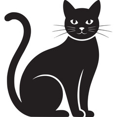 A sleek black cat silhouette sitting upright with a curled tail on a plain light gray background image on transparent background