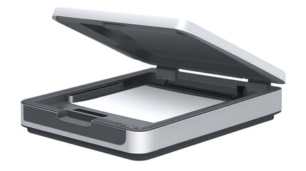 A scanner with its lid open revealing a blank white sheet of paper inside on a white background
