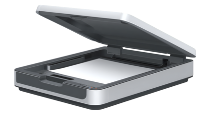 A scanner with its lid open revealing a blank white sheet of paper inside on a white background