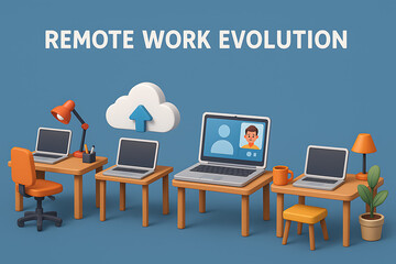 remote work evolution concept with home office desks laptops cloud computing and video calls representing virtual communication flexible workspace and digital transformation in 3d illustration