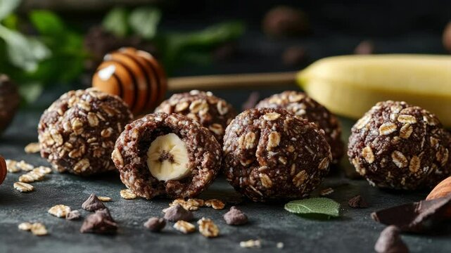 A bunch of chocolate covered banana balls with nuts and chocolate chips. One of the balls has a banana in it