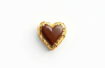Heart-shaped chocolate candy in golden foil wrapper. Rich brown chocolate, shiny foil. Isolated on clean white background. Macro view, perfect for gift, romance, Valentine Day.