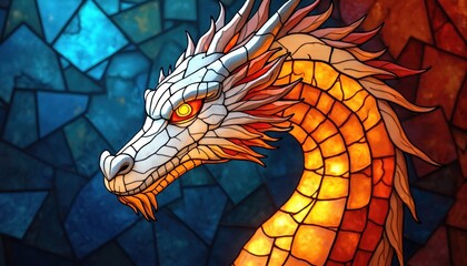 Vibrant dragon rendered in stained glass art style. Intricate mosaic design features bold colors, mythological creature imagery, traditional craft techniques. Warmth, elegance define fantasy