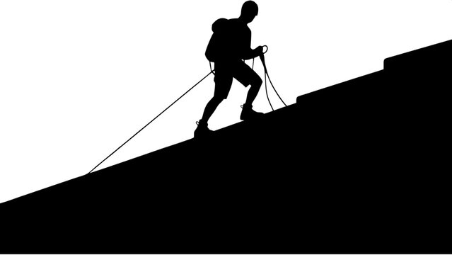 A bold, stylized silhouette of a mountaineer descending a steep slope using a rope system. The figure is positioned in the upper third of the frame, allowing extra white space below to emphasize verti