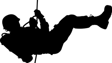 Graphic silhouette of a figure suspended mid-air while rappelling from a helicopter. The rope dangles vertically from above, and the person wears tactical gear and a helmet. The white background ensur © Waqas