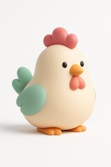 Cute cartoon chicken figurine with colorful wings on white background, 3D illustration