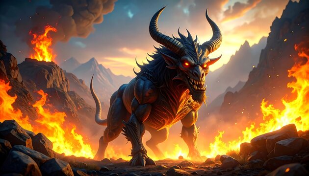 Powerful demon beast in fiery landscape