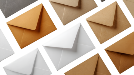 An assortment of envelopes in various colors including white brown tan and gray scattered on a surface