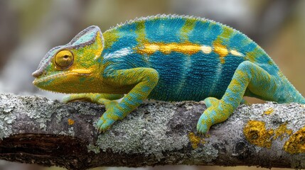 Obraz premium Vibrant chameleon on a branch (1)