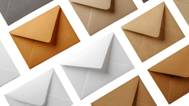 An assortment of envelopes in various colors including white brown tan and gray scattered on a surface