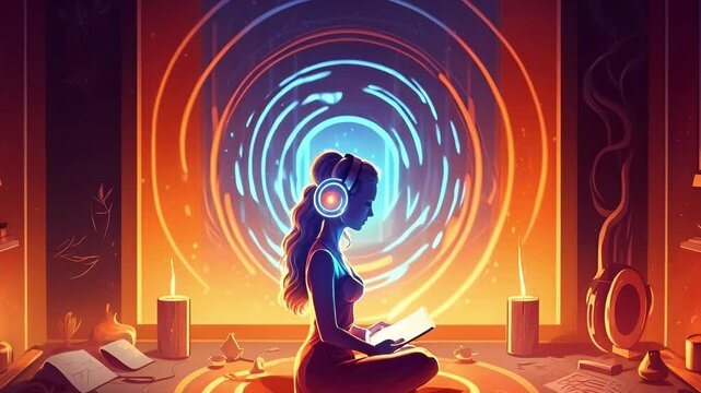Healing Sounds and Sound Therapy, Sound bath, Singing bowls, Woman in headset in sound healing therapy and meditation, Healing, Relaxing Frequencies and Vibrations, Resonance, balanced chakras, energy