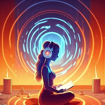 Healing Sounds and Sound Therapy, Sound bath, Singing bowls, Woman in headset in sound healing therapy and meditation, Healing, Relaxing Frequencies and Vibrations, Resonance, balanced chakras, energy