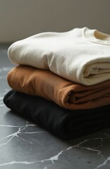 Stack of three folded sweatshirts in cream, brown, and black. Casual cotton jumpers with long sleeves. Plain blank clothing items for men or women, perfect for fashion or sports apparel mockups.