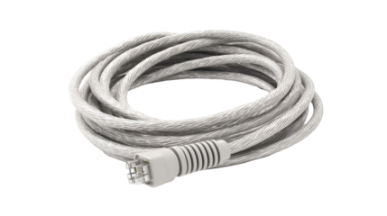 Coiled gray ethernet cable with connector on a black background in a studio shot for a tech product