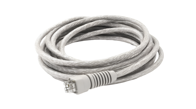 Coiled gray ethernet cable with connector on a black background in a studio shot for a tech product