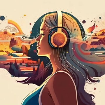 Healing Sounds and Sound Therapy, Sound bath, Singing bowls, Woman in headset in sound healing therapy and meditation, Healing, Relaxing Frequencies and Vibrations, Resonance, balanced chakras, energy