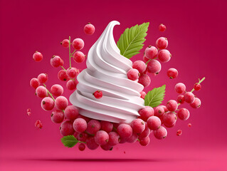 red currant ice cream explosion, milk dessert tarnodo, icecream melting and spilling, copy space. Minimalistic, creative, summer design for advertising. A ball of melted ice cream.
