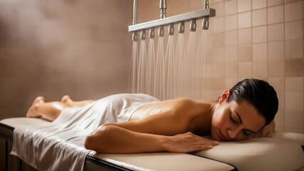 Woman relaxing on a spa bed receiving a vichy shower treatment. Hydrotherapy concept for wellness and relaxation. Spa footage. - Powered by Adobe