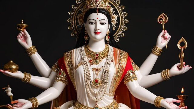 An ornate multi-armed sculpture of a deity with fine detailing