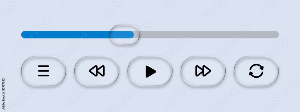 Poster liquid glass vector media player with progress bar and control buttons. digital interface element fo