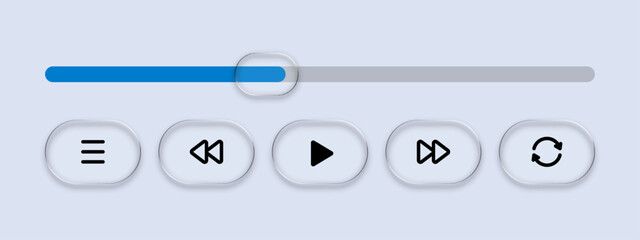 Liquid glass vector media player with progress bar and control buttons. Digital interface element for audio or video playing. © hiten666