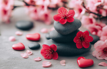 A stack of heart-shaped stones, with red cherry blossoms on the side, 