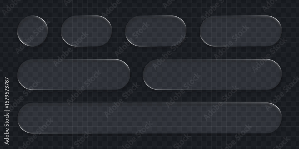 Poster Liquid glass vector design element set with various blank buttons and transparent shapes for modern ui ux display.