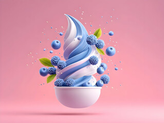 Blueberry ice cream explosion in waffle cone, milk dessert tarnodo, icecream melting and spilling, copy space. Minimalistic, creative, summer design for advertising. A ball of melted ice cream.
