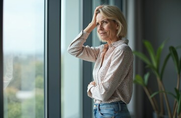 Mature businesswoman with head in hand experiences stress, worry over company crisis and financial mistakes. She looks out window contemplating business failure, bankruptcy, or unemployment risk.