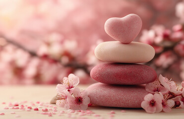 A stack of heart-shaped stones, with red cherry blossoms on the side, 